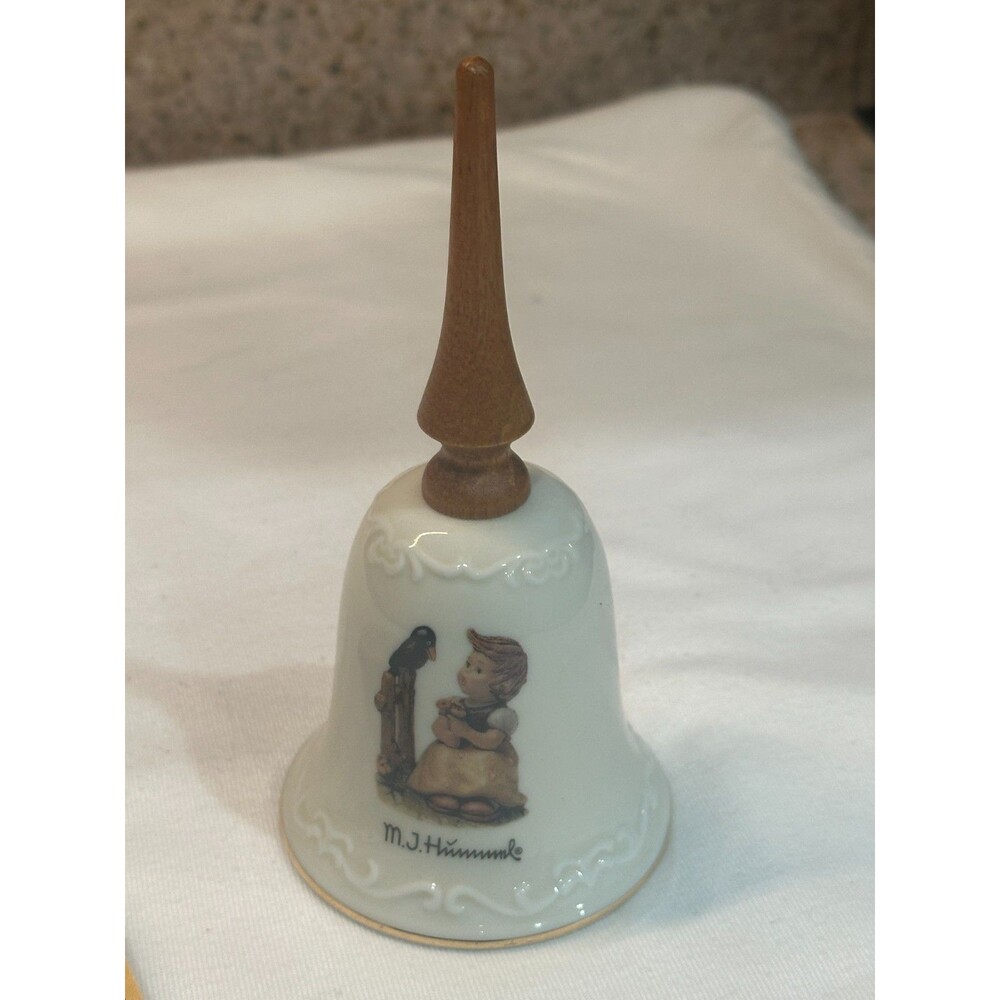 Vintage M.J. Hummel Porcelain Bell with Wood Handle, Girl with Bird